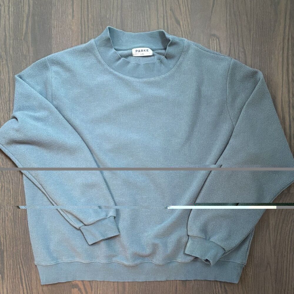 PARKE Light Blue Waffle Knit Crewneck Sweatshirt Pullover Patch Size L/XL Oversi